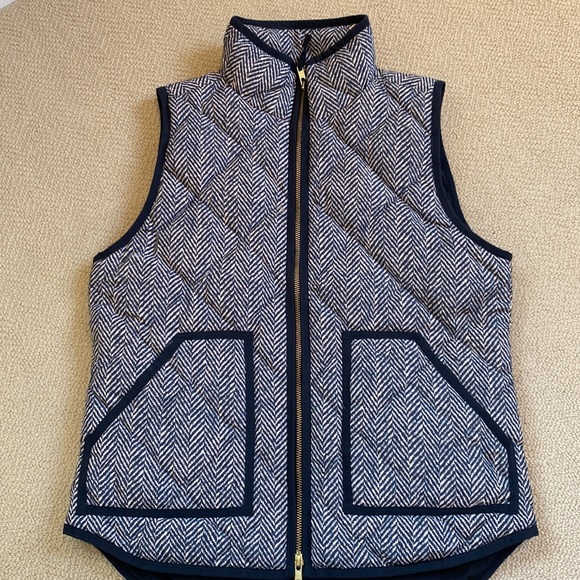 J Crew dark green/tan herringbone quilted vest w/black trim Sz S - Picture 2 of 14